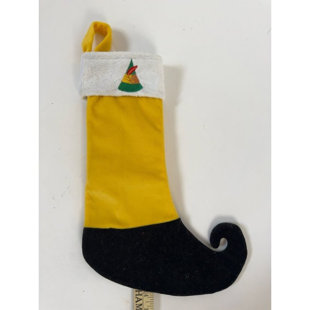 Yellow Elf-Themed Christmas Stocking With Embroidered Hat & Red Feather